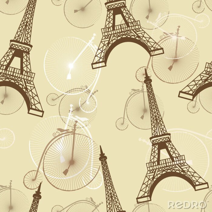 Tapete Muster mit dem Eiffelturm und Fahrrädern