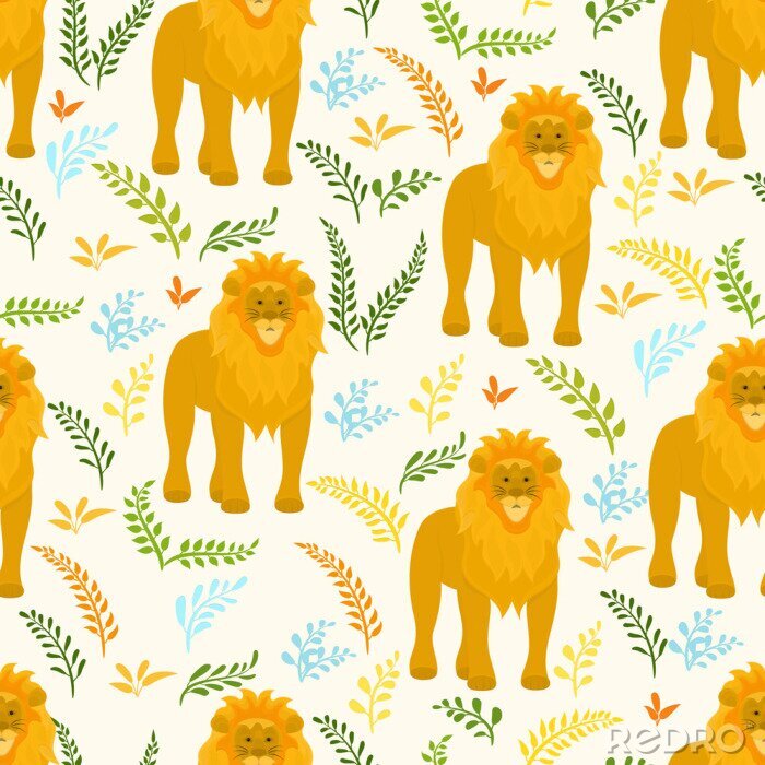 Tapete Muster mit einem Löwen zwischen exotischen Blättern