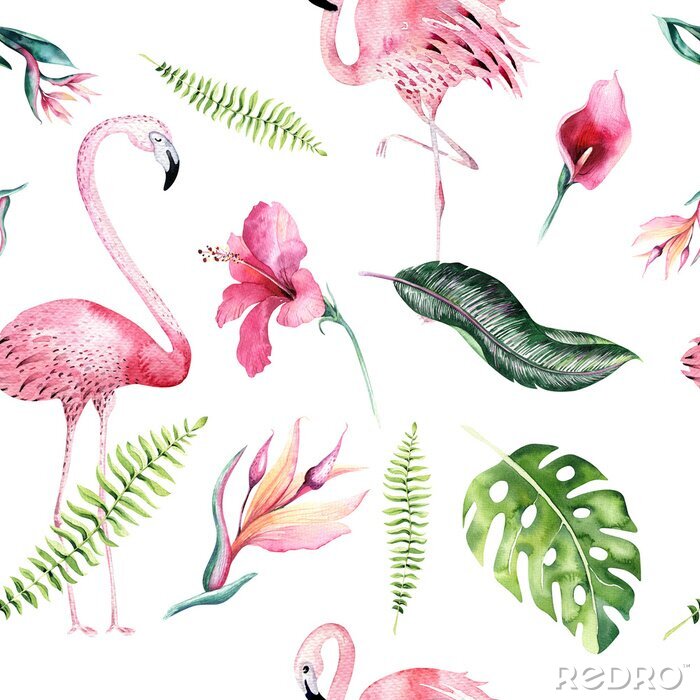 Tapete Muster mit einzelnen Flamingos Blumen und Blättern