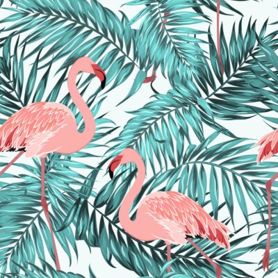 Muster mit exotischen Flamingos und Blättern