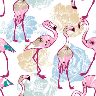 Tapete Muster mit exotischen Flamingos und Blumen