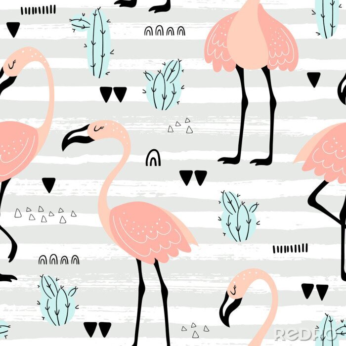 Tapete Muster mit gemalten Flamingos und Kakteen
