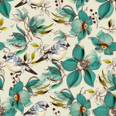 Tapete Muster mit gemalten Vögeln und türkisfarbenen Blumen