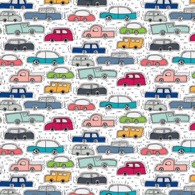 Tapete Muster mit Hand gezeichneten Doodle Cars Hintergrund.