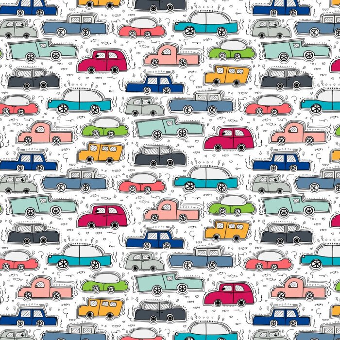 Tapete Muster mit Hand gezeichneten Doodle Cars Hintergrund.