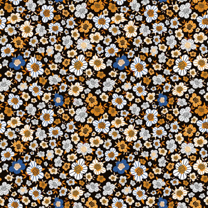 Tapete Muster mit kleinen Blumen auf schwarzem Hintergrund