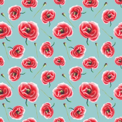Tapete Muster mit Mohnblumen auf blauem Hintergrund