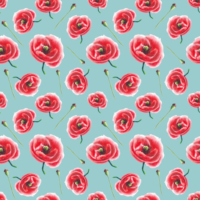 Tapete Muster mit Mohnblumen auf blauem Hintergrund