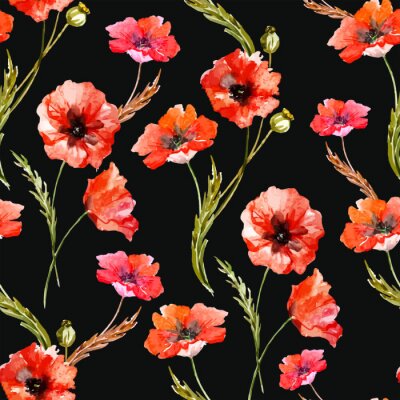 Tapete Muster mit Mohnblumen auf schwarzem Hintergrund
