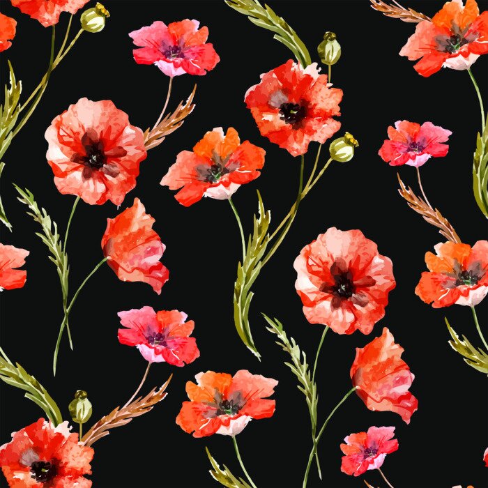 Tapete Muster mit Mohnblumen auf schwarzem Hintergrund