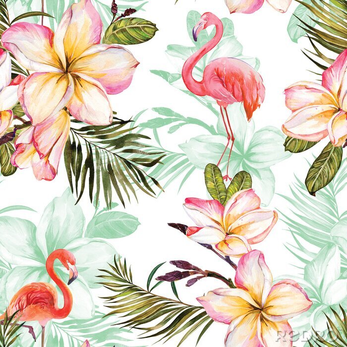 Tapete Muster mit orangefarbenen Flamingos und Blumen