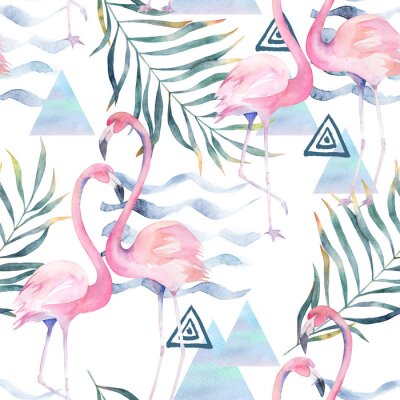 Tapete Muster mit Pastell-Flamingos und Blättern auf rosa Hintergrund