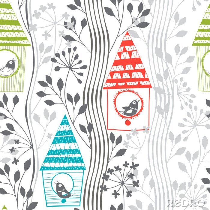 Tapete Muster mit Pflanzen, Vögeln und Vogelhäuschen