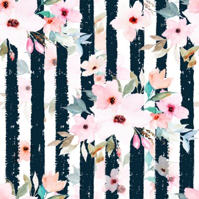 Tapete Muster mit schwarz-weißen Streifen und rosa Blumen