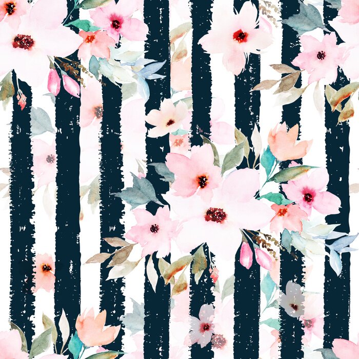 Tapete Muster mit schwarz-weißen Streifen und rosa Blumen