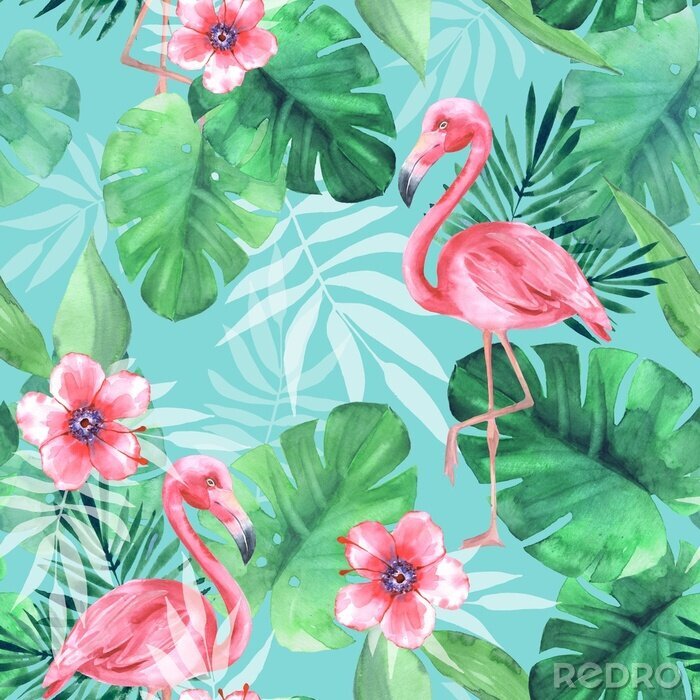Tapete Muster mit stehenden Flamingos Blumen und Blättern