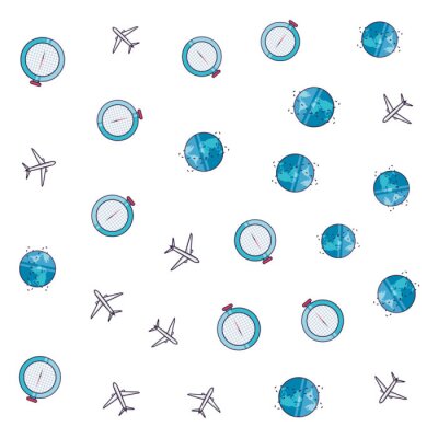 Tapete Muster von Flugzeugen mit Kompassführer und Planet Erde