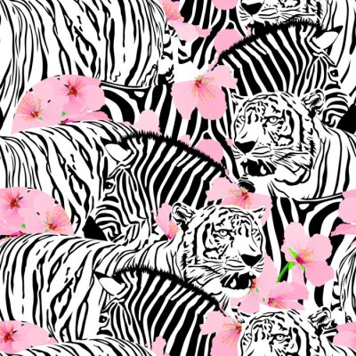 Tapete Muster Zebrastreifen und Tiger mit rosa Blumen