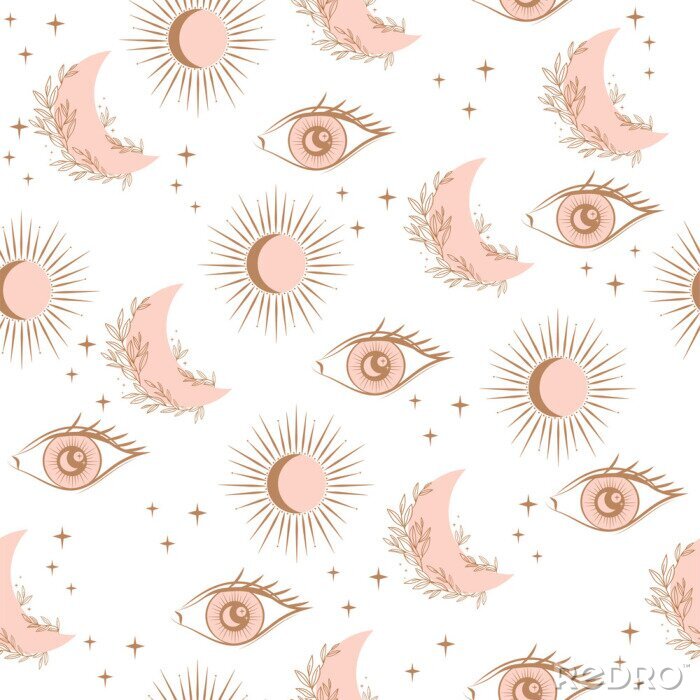 Tapete Mystical Seamless pattern with eyes, sunand moon, esoteric and boho objects. Editable Vector Illustration