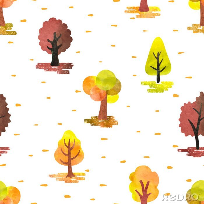 Tapete Nahtlose Aquarell Herbst Bäume Muster. Vector Herbst Wald Hintergrund.
