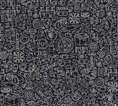 Tapete Nahtlose Auto Ersatzteile Muster Fliesen. Hand gezeichneten Kontur Details isoliert auf den weißen Hintergrund Bild.