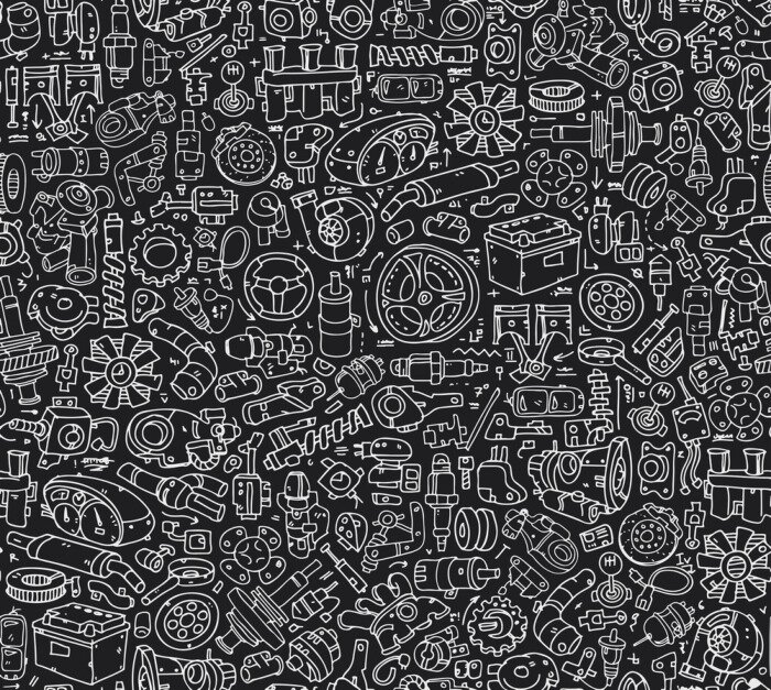 Tapete Nahtlose Auto Ersatzteile Muster Fliesen. Hand gezeichneten Kontur Details isoliert auf den weißen Hintergrund Bild.