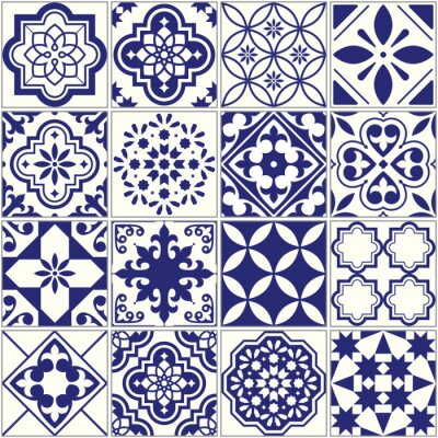 Tapete Nahtlose Fliesen Muster, mediterrane floralen Mosaik-Set, Lissabon nahtlose navy blau Ornament