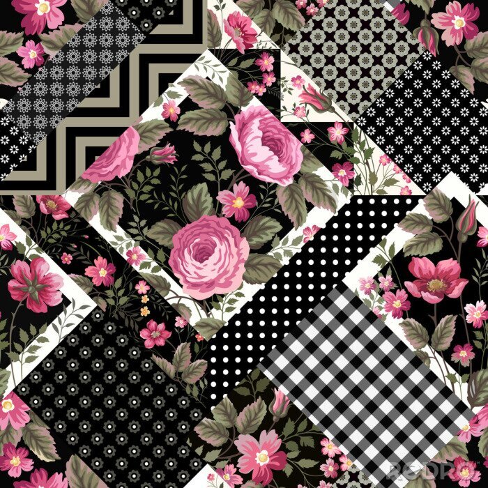 Tapete Nahtlose floralen Patchwork-Muster mit rosa Rosen und geometrischen