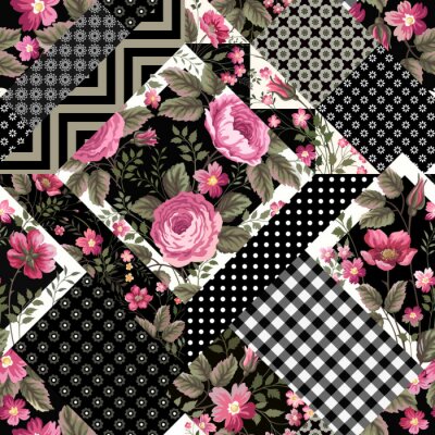 Tapete Nahtlose floralen Patchwork-Muster mit rosa Rosen und geometrischen
