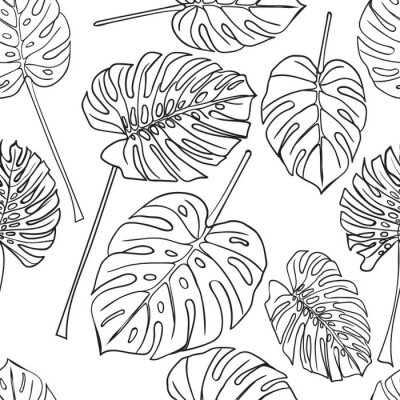 Tapete Nahtlose Hintergrund mit Silhouette tropischen Monstera Blätter. Schwarz isoliert auf weißem Hintergrund