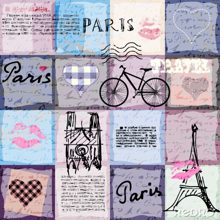 Tapete Nahtlose Hintergrundmuster. Retro Einklebebuch Collage Paris.