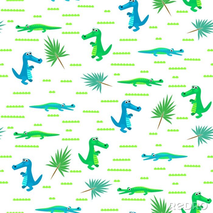 Tapete Nahtlose Krokodil-Cartoon-Vektor-Muster. Blauer und grüner Alligatorhintergrund.