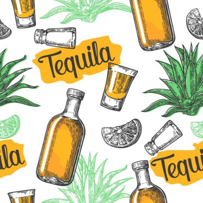 Tapete Nahtlose Muster aus Glas und botlle, Glas, Salz, Kaktus und Kalk auf weißem Hintergrund. Vintage Vektor-Gravur Illustration für Label, Poster, Web, Einladung zu einer Tequila-Party.