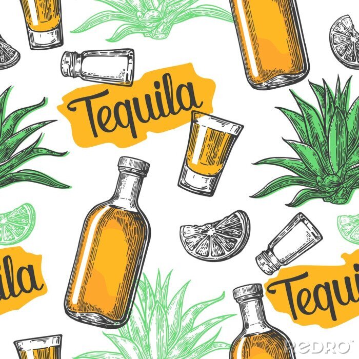 Tapete Nahtlose Muster aus Glas und botlle, Glas, Salz, Kaktus und Kalk auf weißem Hintergrund. Vintage Vektor-Gravur Illustration für Label, Poster, Web, Einladung zu einer Tequila-Party.