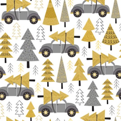 nahtlose Muster gold Weihnachtsbäume und Auto - Vektor-Illustration, eps