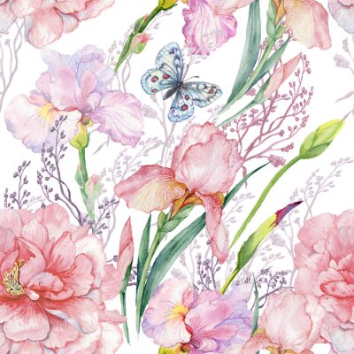 Tapete nahtlose Muster .irises Pfingstrosen Blumen butterfly.exotic Druck Stoff, Wallpaper.watercolor Illustration.
