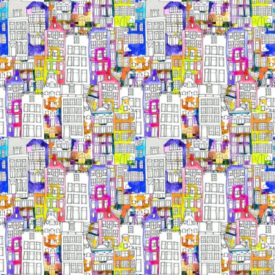 Tapete Nahtlose Muster mit Aquarell Amsterdam Häuser