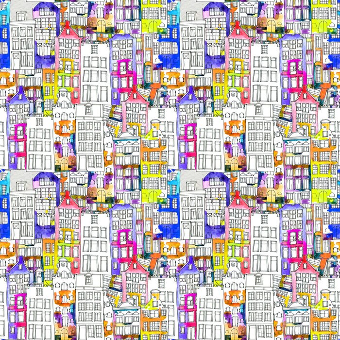 Tapete Nahtlose Muster mit Aquarell Amsterdam Häuser
