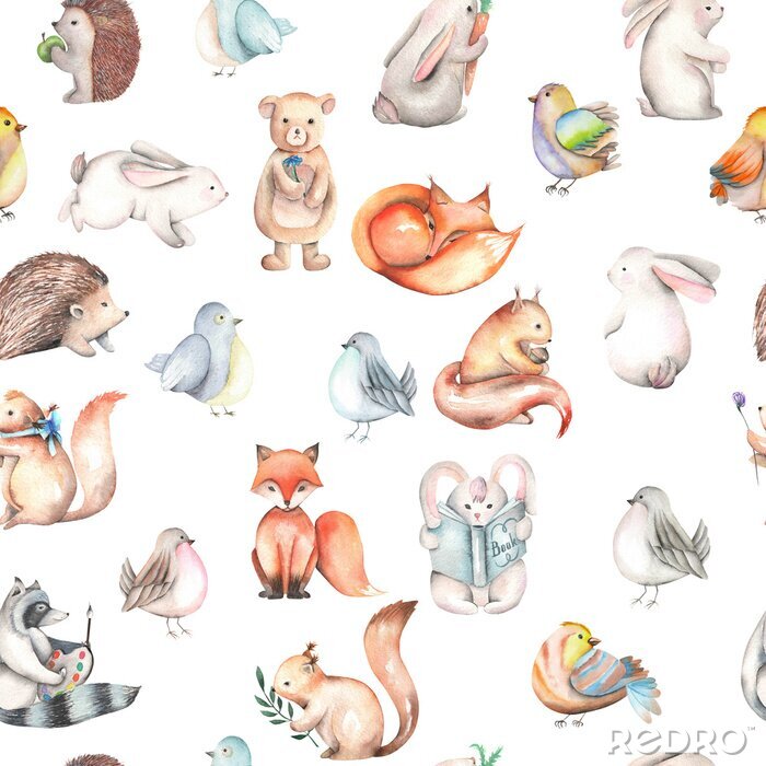 Tapete Nahtlose Muster mit Aquarell niedlichen Wald Tiere, Hand gezeichnet isoliert auf weißem Hintergrund