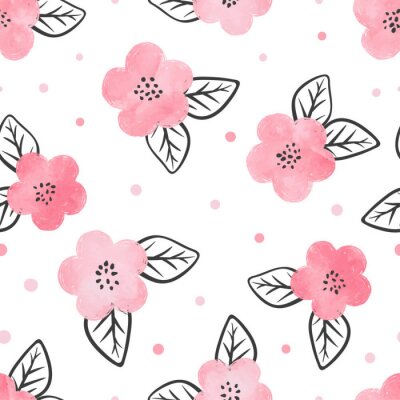 Tapete Nahtlose Muster mit Aquarell rosa Blüten und schwarzen Blättern.