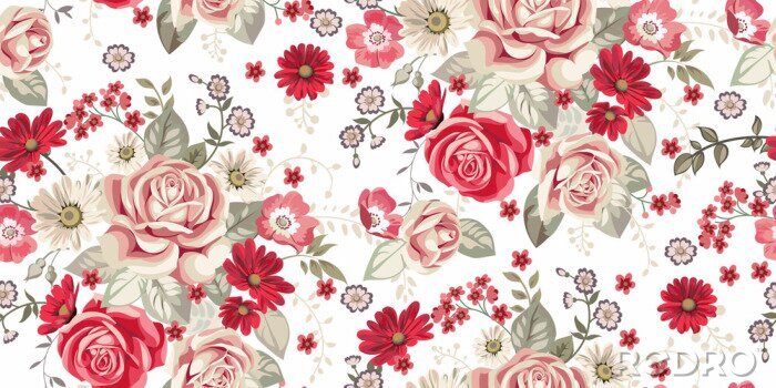 Tapete Nahtlose Muster mit blassen Rosen und roten Blumen auf weißem Hintergrund