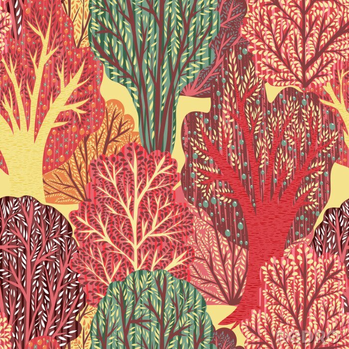 Tapete Nahtlose Muster mit Cartoon Bäume. Retro Hand gezeichnet Vektor-Illustration