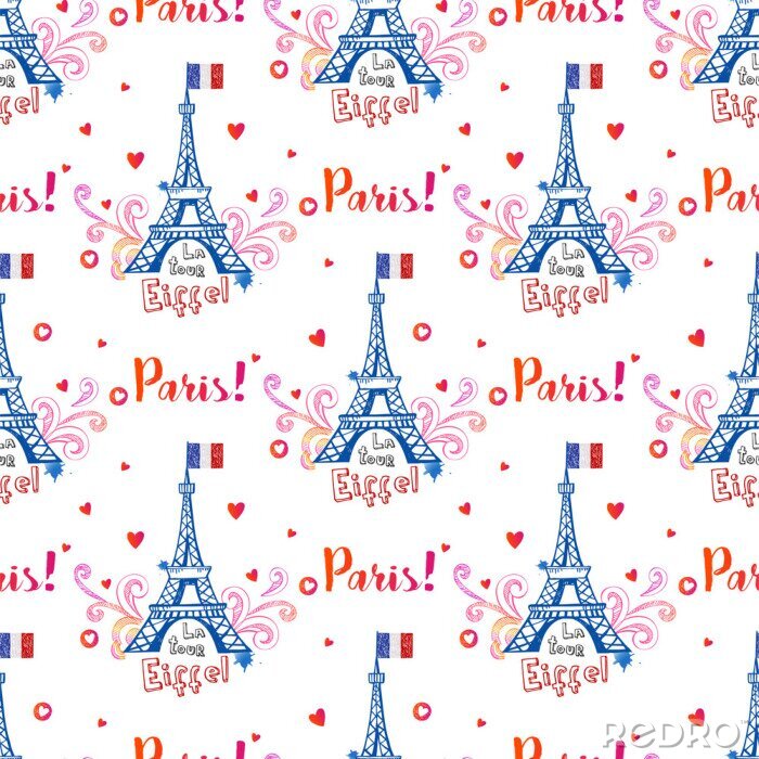 Tapete Nahtlose Muster mit Eiffelturm und Ornamente auf weißem Hintergrund.