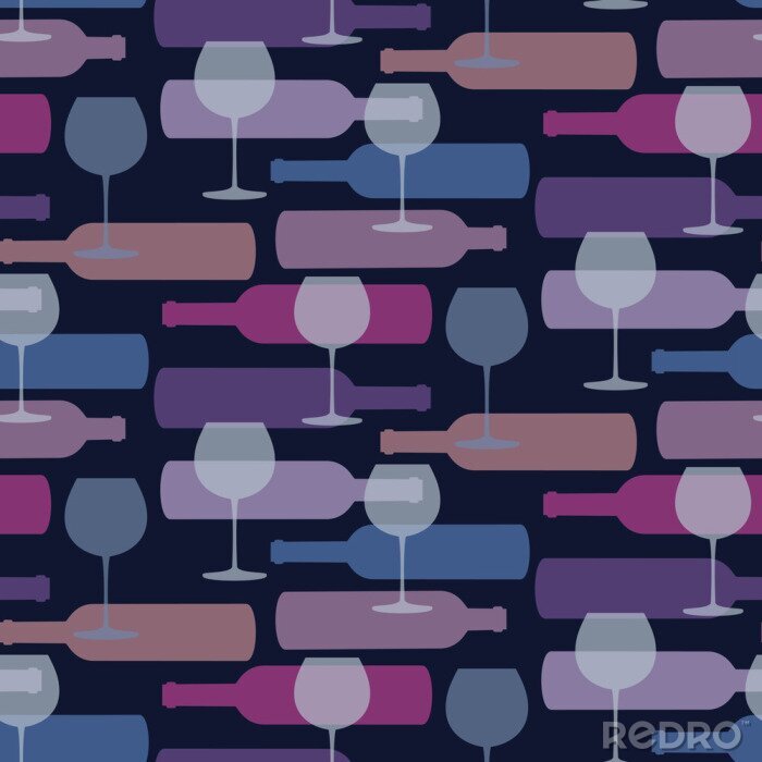 Tapete Nahtlose Muster mit Flaschen Wein und Weingläser auf dunklem Hintergrund.