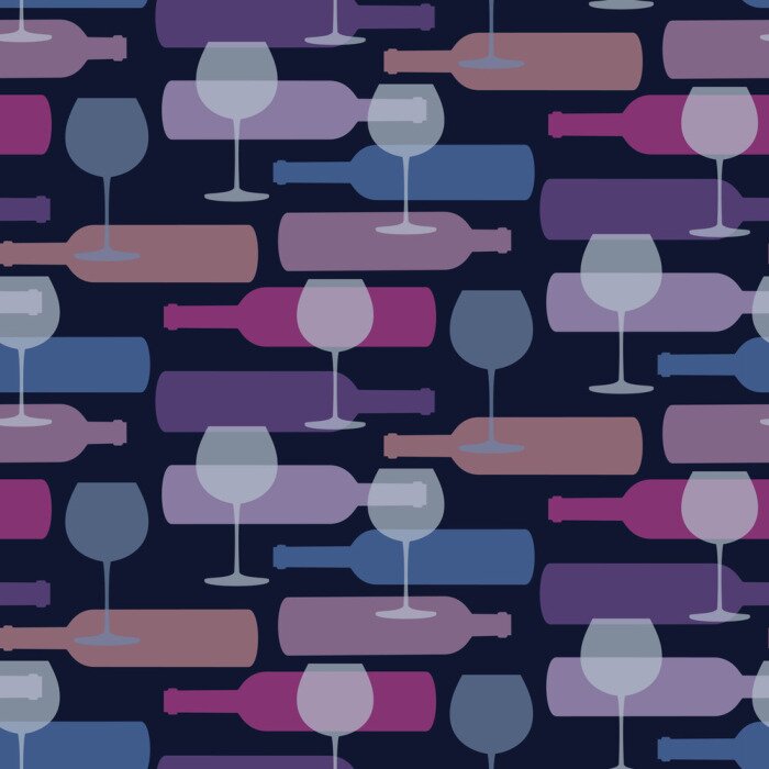 Tapete Nahtlose Muster mit Flaschen Wein und Weingläser auf dunklem Hintergrund.