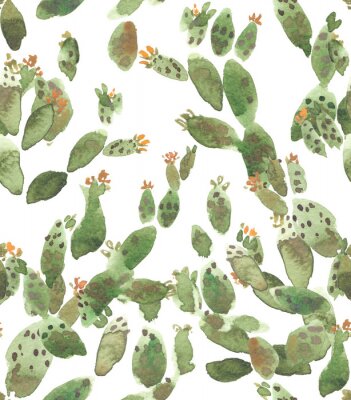 Tapete Nahtlose Muster mit grünen blühenden Kakteen in Aquarell auf weißem Hintergrund isoliert gemalt