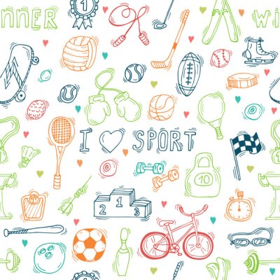 Tapete Nahtlose Muster mit Hand gezeichneten Sportgeräte. Ich liebe Sport
