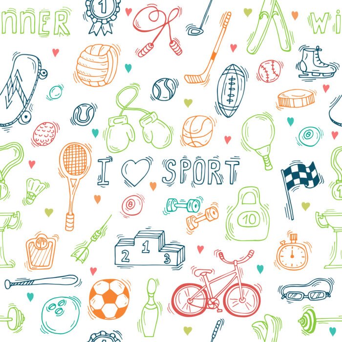 Tapete Nahtlose Muster mit Hand gezeichneten Sportgeräte. Ich liebe Sport