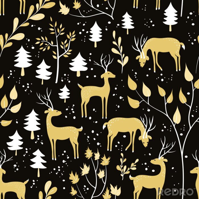 Tapete Nahtlose Muster mit Hirsch im Winter Wald