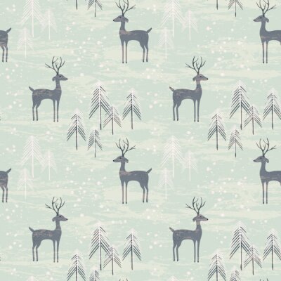 Tapete Nahtlose Muster mit Hirsch im Winterwald